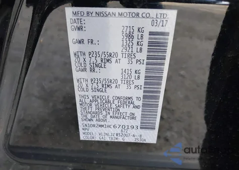 2017 Nissan Pathfinder Platinum из США, поврежденный, VIN 5N1DR2MM1HC670193